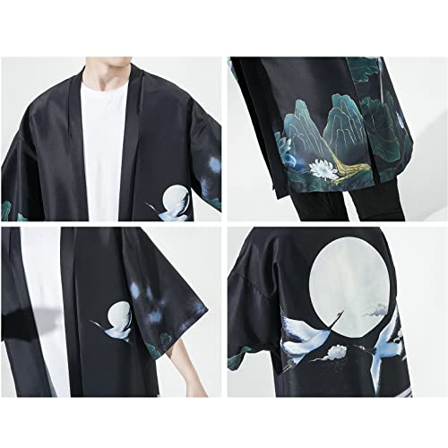 Image of HAORUN Men Japanese Kimono Coat Loose Yukata Outwear Long Bathrobe Tops Vintage