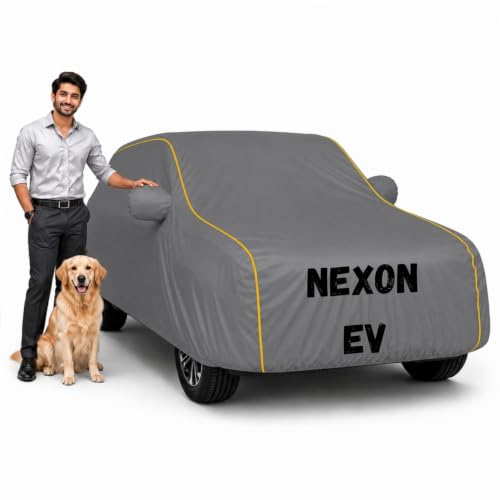 Image of Waterproof Car Cover for Nexon Ev | Soft Cotton Lining Heavy Duty Triple Stitched Heat Resistant Outdoor Cover Comes with Mirror and Antenna Pocket Full Bottom Elastic (Zig Zag Grey)