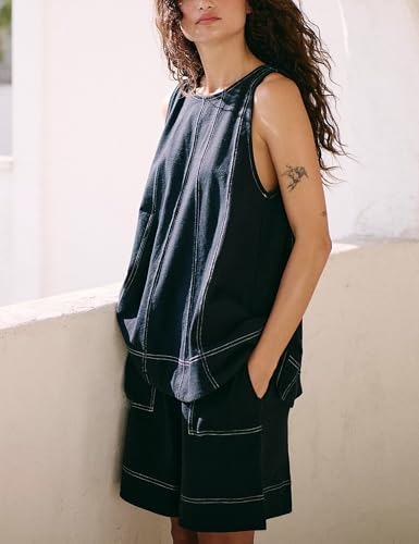 Image of Women 2 Piece Outfits Flowy Sleeveless Tunic Tops Loose Shorts with Pockets Tracksuit Summer Lounge Matching Set 2025