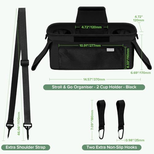 haakaa Stroll & Go Organiser with 2 Insulated Cup Holder - Black, Ultimate Stroller Organizer Universal Fit with Adjustable Non-Slip Straps & Hooks, Stroller Caddy Accessories with Shoulder Strap — view 7