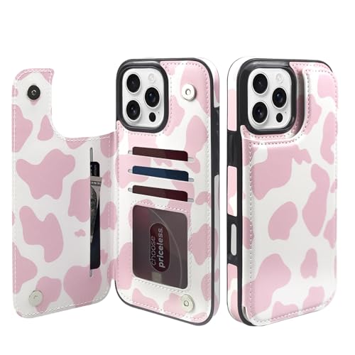 Cadeau tendance femme iPhone 16 Pro Max étui portefeuille à motif vache rose original