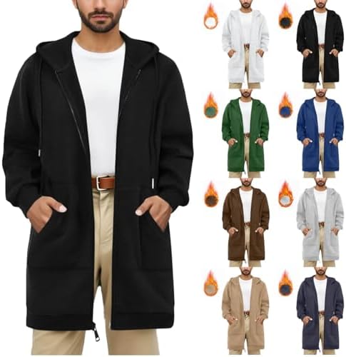 Hoodies for Men Long Fleece Lined Hoodie Zip Up Hooded Sweatshirt Plus Size Winter Jacket Casual Warm Sweatshirts