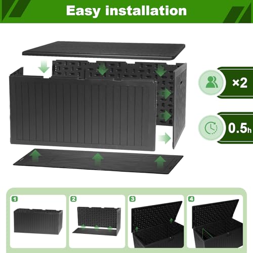 Image of 320 Gallon Deck Box with 6 Waterproof Foot Pads, Resin Storage Box Weatherproof, Plastic Cushion Container with Lock and Lids for Pool Equipment, Black