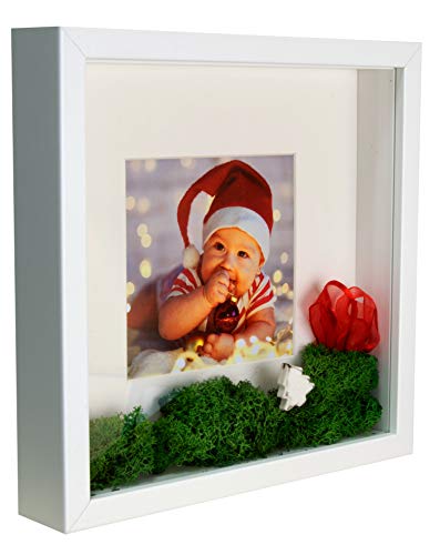 BD ART 9x9 (23 x 23 x 4.7 cm) White Shadow Box 3D Square Picture Frame with Mat for 5x5 inch Photo, Glass Front