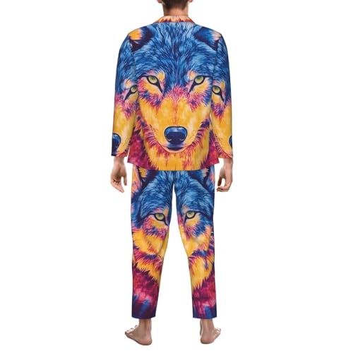 Tie Dye Pattern Of Wolf Mens Pajamas Set Button Down Sleepwear Set Long Sleeve Loungewear With Pockets2