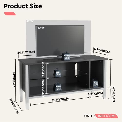 Bestier TV Stand Cabinet 112 CM Gaming Entertainment Centre with LED Light Modern TV Media Console with Storage and Glass Shelves