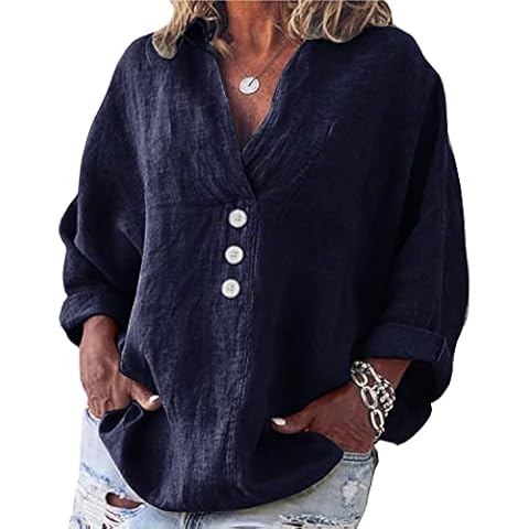 Blouse Women's Casual V-Neck Long Sleeve Shirt Tops Loose Large Sizes Linen Blouse Tunic Plain Shirt Blouses Shirts, A Navy, Large Cover
