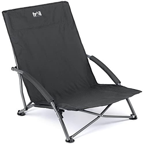 Trail Outdoor Leisure Low Folding Beach Chair, Lightweight Portable Camping Festival Picnic Lounger Seat, Padded Armrests, Carry Bag with Strap (Black) Trail Outdoor Leisure Low Folding Beach Chair, Lightweight Portable Camping Festival Picnic Lounger Seat, Padded Armrests, Carry Bag with Strap (Black)