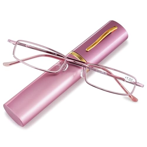 ABETOS Slim Pen Reading Glasses Blue Light Blocking Metal Readers In Tube Case Superlight Spring Hinge Pocket Portable Eyewear Thin Travel Eyeglasses 1.0+ 1.5+ 2.0+ 2.5+ 3.0+, Pink+1.5