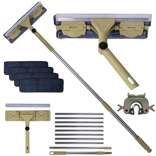 4m (13 ft) 2-in-1 Window Cleaning Equipment with Long Handle, 25 cm Window Squeegee with extra 4 Cloths, Window Cleaning Kit with 10 Poles, Window Cleaner for Outdoor Home Commercial Use (Yellow)