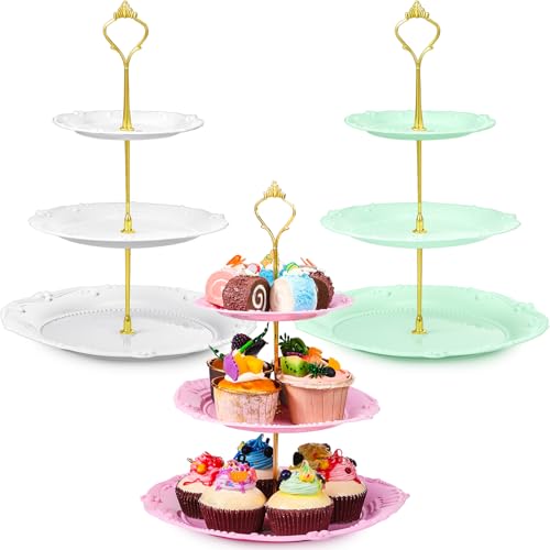 Gandeer 3 Pack 3 Tier Serving Tray for Tea Party, Pink,Green,White, Round