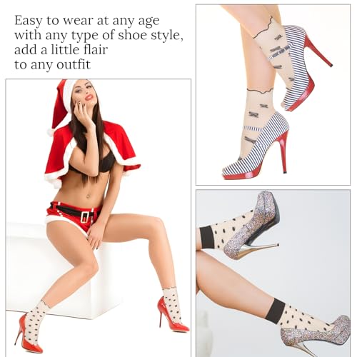 Image of Ouligay 6 Pairs Sheer Ankle Socks Women Transparent Fishnet Socks Cute Frilly Mesh Socks Women Sheer Ruffle Socks, Breathable Spring Summer Short Socks (Hearts, Stripes, Plaid)