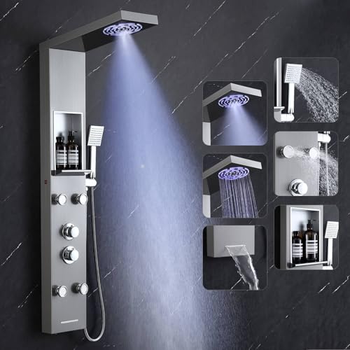 ROVOGO Shower Panel Tower System with Shelf, Rainfall & Mist Shower Head with Led Lights, Body Jets, Handheld and Tub Spout, Stainless Shower Column with Mixer Valve, Brushed