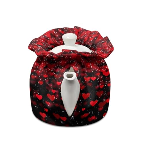 Image of Red Heart Love Tea Cosy, Stain Resistant Teapot Cozy Breakfast Warmer Insulation and Keep Warm, Tea Kettle Cover for Home Kitchen Thanksgiving Decor