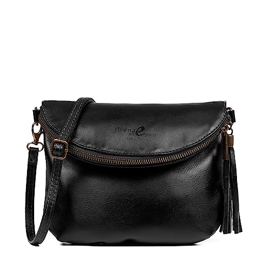 FIRENZE ARTEGIANI.Bolso de Mujer Piel auténtica. Bolso con Solapa Media Luna.Bolso Acabado Savage Tacto Suave. Made IN Italy. Vera Pelle Italiana. 21.5X4X17 cm. Color: Negro