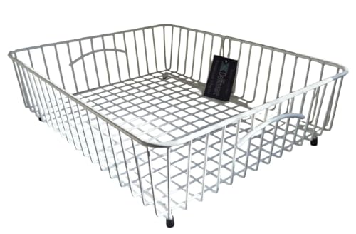 Image of Delfinware Large Belfast Sink Basket Drainer 45.5 x 36.7 x 13cm– Made in UK – Heavy Duty Steel Wire – Rubber Feet – Sink & Worktop Use – White, Black, Grey or Red (White)