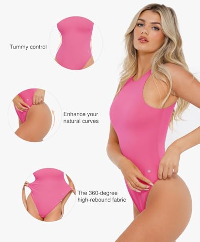 Image of Popilush Bodysuits for Women Scoop Neck Body Suits Sleeveless Thong Halter Cotton Casual Tank Top for Summer