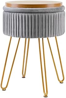 TOUCH-RICH Footrest Stool Round Velvet Storage Modern Ottoman Upholstered Vanity Footstool Stool Side Table Seat Dressing Chair with Golden Metal Leg Tray Top Coffee Table
