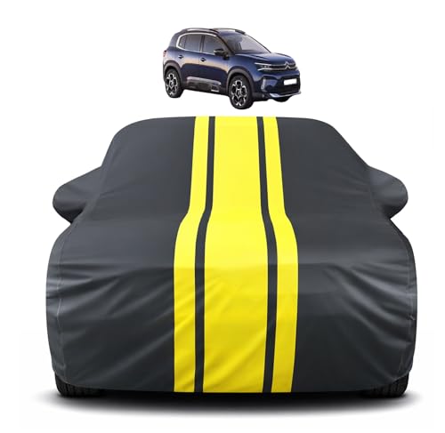 Image of Auto Hub Car Cover Compatible with Citroen C5 with Mirror Pocket, Soft Cotton Lining, Citroen C5 Car Cover Waterproof - Yellow-Black