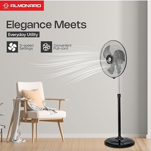 Image of Almonard Aerostar Metal Pedestal Fan 450mm | High Speed | Full Copper Winding Motor | with Overheat Protection | Aerodynamic Blades | 3 Speed | Adjustable Height Standing Fan | 2 Year Warranty | Black