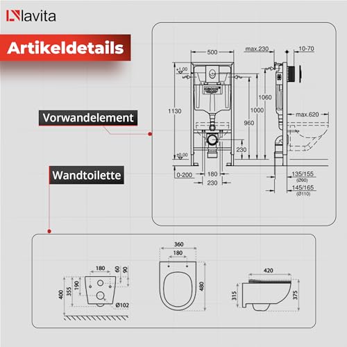 LAVITA Vorwandelement Solido Start + Wand Hänge WC Brava Weiß Spülrandlos + + WC Sitz mit Absenkautomatik Verchromter Knopf Komplettset Unterputz Spülkasten Toilette Komplett Sett WC – Bild 3