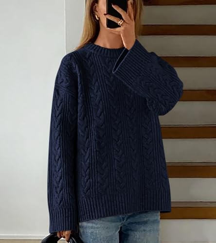 Okiwam Women's Oversized Sweaters Crewneck Cable Knit Pullover Casual Loose Fall Outfits Fashion Clothes 2025