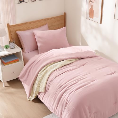 Image of Twin XL Comforter Set- 5 Pieces Prewashed Bed in a Bag Twin Bedding Sets | Soft All Season Comforter with Sheets, Pillow Sham & Pillowcase,Soft Pink