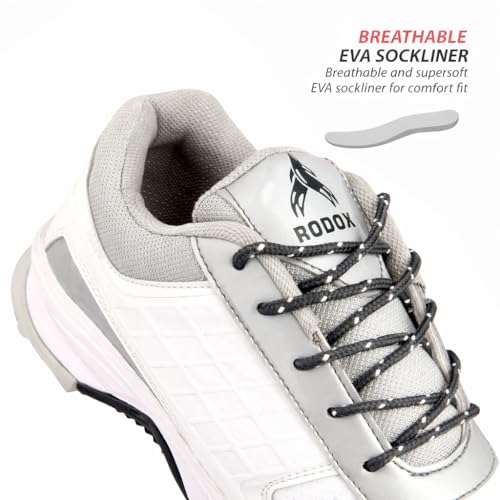 Image of RODOX Cricket Shoes with TPU Shank Rubber Outsole with Multidirectional Grip White Grey