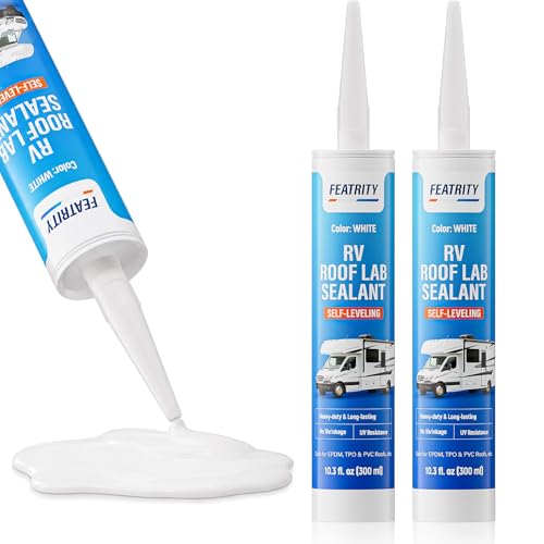 Featrity RV Roof Flexible Sealant White: Self Leveling Silicone Lap Sealant for RV Roofs Exterior Caulking Road Trips Daily Care RV Owners 10 oz, 2-Pack