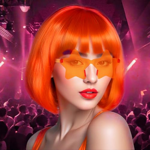 Image of ANOGOL Orange Bob Wig with Bangs Orange Wigs for Women Colored Wigs Party | Hair Cap+Sunglasses Short Neon Wig for Bachelorette Party Funny Outfit for Women Halloween Costume Night Club Crazy Hair Day