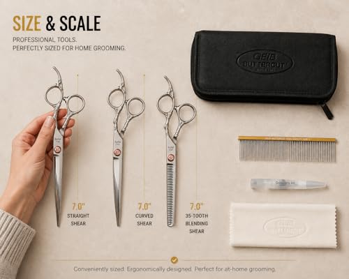 Image of Geib Buttercut Dog Grooming Scissors Kit, Three-Piece Set with Straight, Curved and 35-Tooth Blending Shear, Stainless Steel, Zipper Case Included