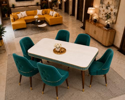 Image of WOODEN SPACE 6-Seater Wooden Dining Table Set | Nano Composite Marble Top | Solid Wood Base | Modern Dining Room Furniture with 6 Chairs (Sea Blue Grand Aura)