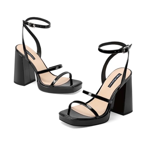 Image of MIRAAZZURRA Platform Strappy Heel Sandals Square Open Toe Two Strap Chunky High Heeled Sandals with Buckle Ankle Strap for Women Party Wedding Dress