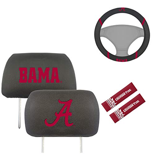 AAC FANMATS NCAA Car Accessories Bundle with Head Rests, Shoulder Pads and Steering Wheel Cover for Alabama Crimson Tide Fans Officially Licensed(5 Items)