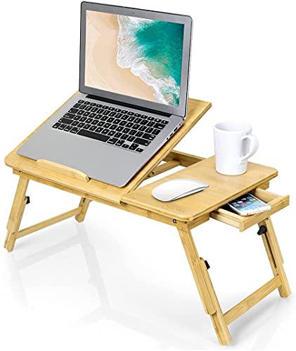 Kixre Laptop Desk, Bamboo Adjustable Lap Desks Table, Foldable Bed Desk with Drawer, Breakfast Serving Tray Table, Floor Table for Laptop, Sofa Couch, Writing Eating Surfing Reading, Portable Desk