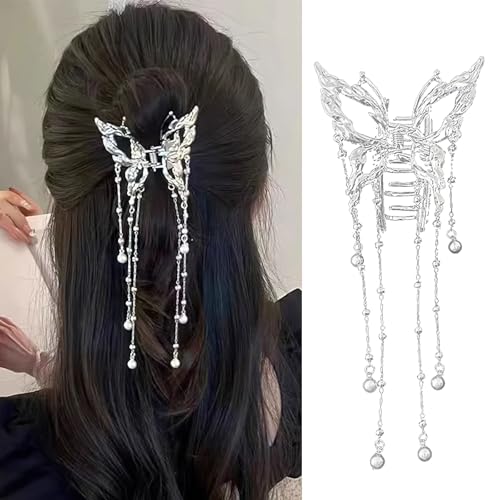 Hollow Butterfly Hair Clips with Tassel, Metal Silver Crystal Pearl Butterfly Hair Barrettes, Sparkling Fluttering Chain Tassel Nonslip Claw Hair Accessories for Women