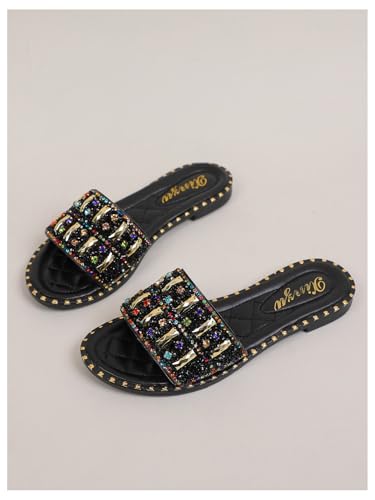 SweatyRocks Women's Rhinestone Beaded Flats Sandals Slip On Leather Slide Sandals4
