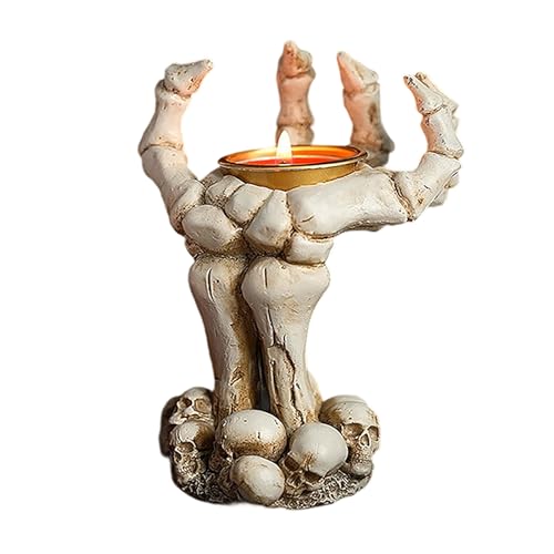 Portacandele a mano con teschio di Halloween, ornamenti con candelabro a mano, teschio di resina, regali di decorazione per portello desktop di Halloween