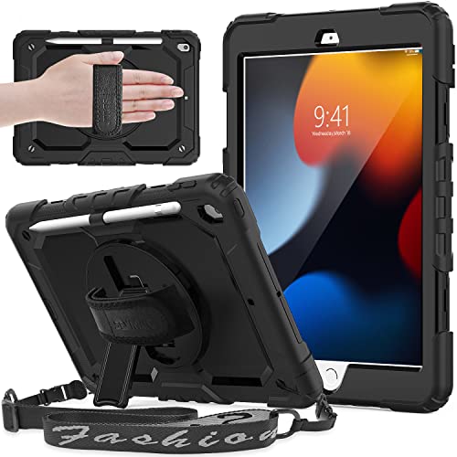 SEYMAC Hülle für iPad 9./8./7. Generation (iPad 10.2 Zoll), Stoßfeste Hülle mit Displayschutzfolie, Drehbarer Ständer/Handschlaufe, Schultergurt, Stifthalter für iPad 10.2" 2021/2020/2019, Schwarz Cover