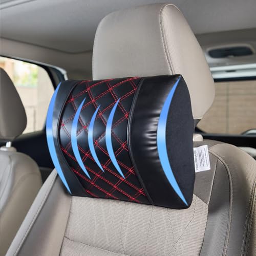 Image of Amazon Basics Car Seat, Office Chair Orthopedic Headrest Pillow,100% Memory Foam-Neck, Cervical Pain Relief, Best for Long & Short Travel | Premium Faux Leather,1 Year Warranty| Black,20 X 24 X 13 Cm