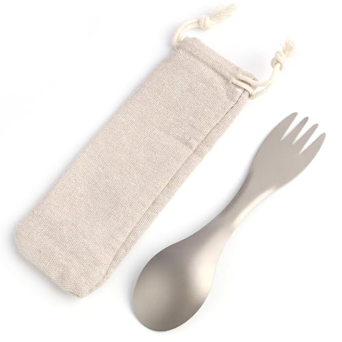 Vidsmow Titan Löffel/Spork, Multifunktionales 2-in-1 Campingbesteck aus Titan, Ultraleicht und wiederverwendbar, mit Aufbewahrungstasche für Wandern, Picknick und Outdoor-Aktivitäten