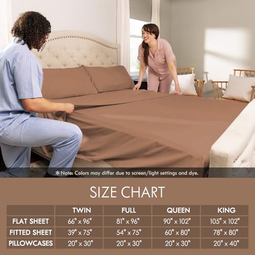 Image of ClevaHome Twin Size Sheet Set - 4 Piece Fitted Sheets Set, Sandy Brown | Soft Luxury Breathable, Shrink & Fade Resistant, Embroidered Bed Sheets, 14-inch Deep Pocket, 2 Extra Pillowcases
