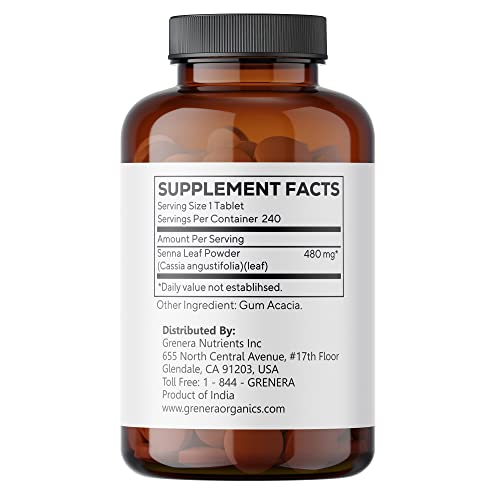 Grenera Senna Tablets 240 Nos, Made With Senna Leaf Powder, Vegan, Kosher Certified, Laxative #TOP6