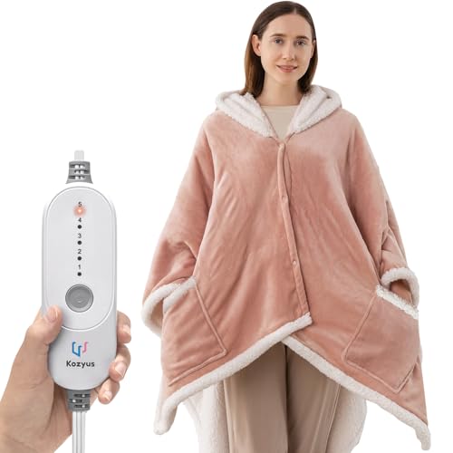 Kozyus Wearable Heated Throw Blanket, Heated Shawl Electric Wrap Poncho with Hood & Pockets for Women & Men, 5 Heat Settings, 3H Auto-Off, Machine Washable, ETL Certified, Gift-Ready, 56x63, Pink