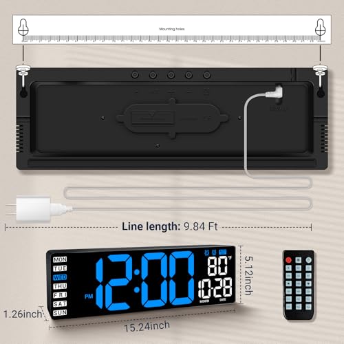 16.5" Large Digital Wall Clock with Blue LED Display, Remote Control - Image 3