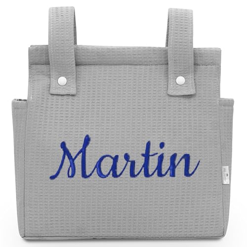 various - Talega para silla de Paseo Bolso Panera Carrito Bebe -Personalizable Nombre Bebé Bordado con Diseño Práctico y Funcional Cierre con Cremallera olso organizador de muselina Color Gris