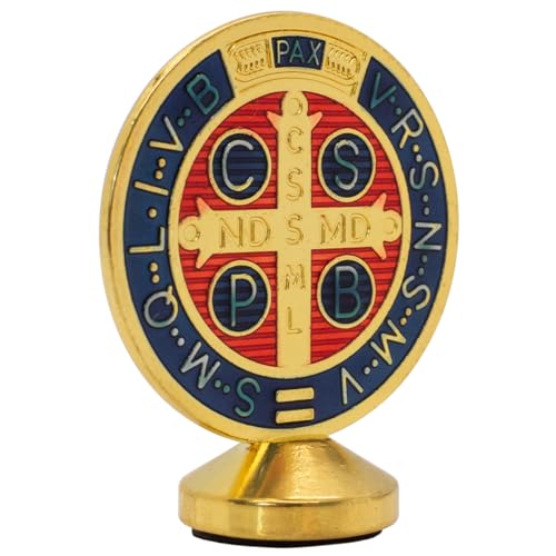 Estatua de San Benito con medalla dorada y esmalte azul y rojo miniatura 2