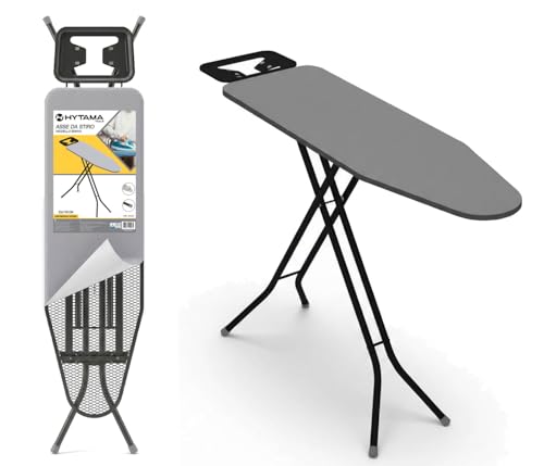 HYTAMA TOOLS - Asse da Stiro BRAVA 33x110cm In Acciaio con Leva Pieghevole, Salvaspazio con Poggiaferro, Piedi Antiscivolo, Regolabile, Rivestimento 100% cotone Sottotessuto in schiuma di alta qualità