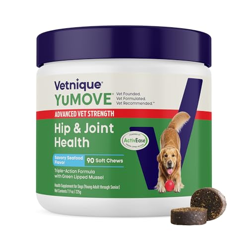 Yumove Hip & Joint Supplement for Dogs with Glucosamine, Hyaluronic Acid, Green Lipped Mussel & Omega 3 Joint Supplement - Regular or Advanced Strength (90 Count, Advanced Vet Strength Soft Chews)