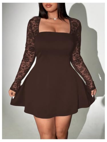 Image of Floerns Women's Plus Size Lace Sheer Long Sleeve Square Neck Mini Dresses